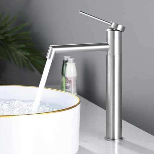 SHANFO Rubinetto Bagno Lavabo Alto, Miscelatore Lavabo Bagno Girevole a 360°, Monocomando Rubinetto Lavandino Bagno, Rubinetto per Lavabo, Nichel Spazzolato, 7M2OK-T