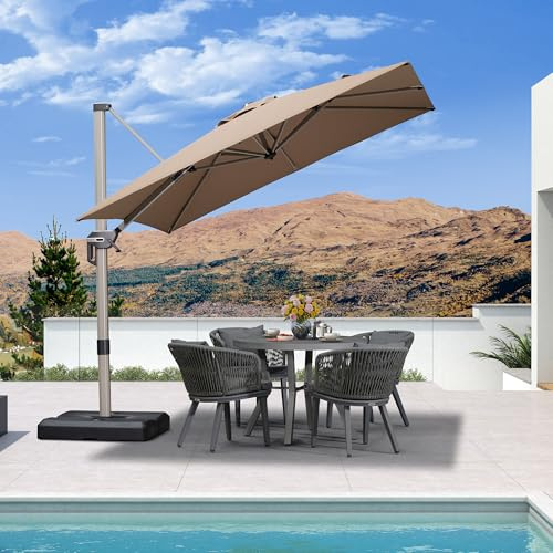 PURPLE LEAF Sonnenschirm 250 x 250 cm Aluminium Ampelschirm Quadratisch 360° Rotation Gartenschirm mit Kurbel Kippbar UPF 50+ Marktschirm Wasserdichter Kurbelschirm für Garten Terrasse, Taupe