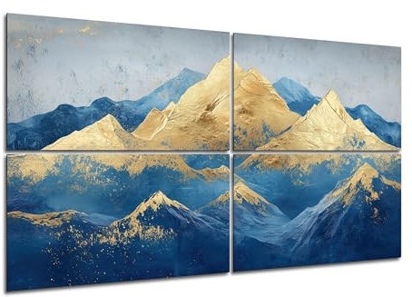 Munera Design® - XXL Leinwand Bilder 120x80 cm 4-Teilig Querformat Wandbilder Wanddeko Wohnzimmer Deko Zimmer Modern Bild auf 6mm HDF Berg Gipfel Blau Gold abstrakt Aesthetic Dekoration Wandbild