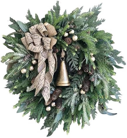 Weihnachtskranz Bauernhaus, 40cm Weihnachtsdeko Kranz Haustür,Türkranz Weihnachten, Weihnachtsgirlande mit Kiefer und Glocken, Künstliche Weihnachten Haustürkranz Aussen (Grün, 40cm)