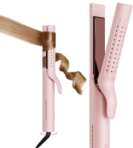 TYMO Airflow 2.0 Curling Iron Flat Iron - Hair Straightener and Curler 2 in 1, 1.25 Inch Curling Wand for Long Short Hair, Dual Voltage for Travel, 54 Million Ionic, Anti-Tangle, 5 Temps, Pink