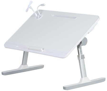 Calager Escritorio para laptop para cama, mesa de laptop ajustable de 5 niveles, escritorio plegable para regazo con barra de tope, ventilador USB y ranura para lámpara de escritorio pequeña, mesa de