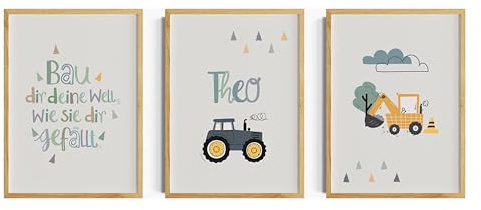 Generisch Kinderzimmer Bilder Junge, Wanddeko mit einem Traktor, Kinderspruch, Bagger als 3er Set ohne Rahmen (Grau, DIN A4 (21 × 29,7 cm))