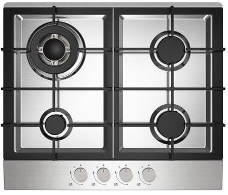 Statesman GH161SS 4 Burner Gas Hob, Cooker Cooktop with Wok Burner and Cast Iron Pan Supports, 60 cm, Front Dial Control, Automatic Ignition, Stainless Steel
