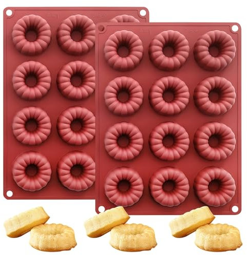 Fchil Lot de 2 moules à gâteau en silicone, 12 cavités, en forme de beignet, moule de cuisson anti-adhésif pour gelée, desserts, brownies, rouge terre cuite