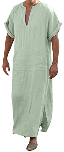Generisch Abito da Uomo Kaftan in Cotone Abbigliamento Islamico con Scollo a V Maniche Corte/Lunghe Thobe con Spacco Laterale Tunica Robe Abaya Araba con Tasche, A1-verde, XXL