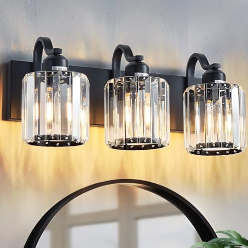 Aixialin Modern 3-Lights Black Bathroom Vanity Light, Crystal Bathroom Lights Over Mirror, Modern Wall Lighting Fixtures with Crystal Round Shade (Exclude Bulb)