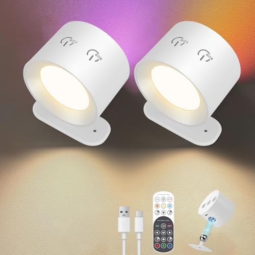 QCXWCJWD Battery Operated Wall Lights 2Pack, Rechargeable LED Wall Lamp,15 RGB & Dimmable Magnetic 360°Rotatable Sconces Wall Lighting, Remote and Touch Control for Bedroom Livingroom Reading(White)