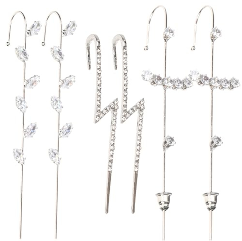 Rhinestones Ear Hook Earrings, 6pcs Rhinestones Ear Hook Cuff Clip Earrings Jewelry Jewelry with Secure Plug Fixer for Daily & Evening Outfits for Women Punk Clip 2.95X0.39X0.20in