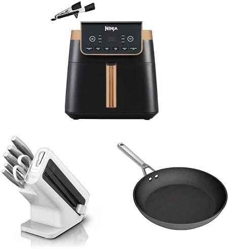 Ninja Heißluftfritteuse MAX PRO, 6,2 L Schwarz/Kupfer, AF180EUCP + StaySharp Messerblock Weiß, K62006EUWH + Foodi ZEROSTICK 28cm Bratpfanne, Grau, C30028EU