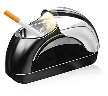 MUQIDA Car Ashtray with Lid, Windproof Vehicle Door Ash Tray with LED Light, Automotive Self Adhesive Cigarette Ashtray, Portable Mini Trash Can Smoking Accessory for Car Office Home (Silver & Black)