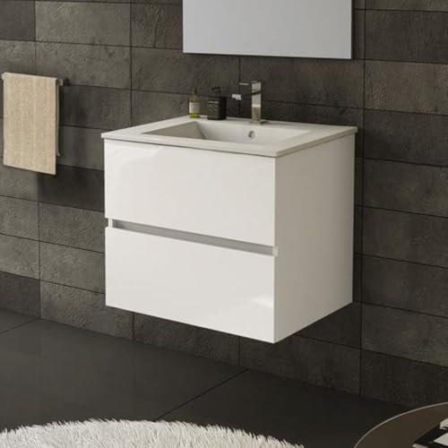 Mobile da bagno sospeso 60 cm colore bianco con cassetti e lavabo incluso - Rondel