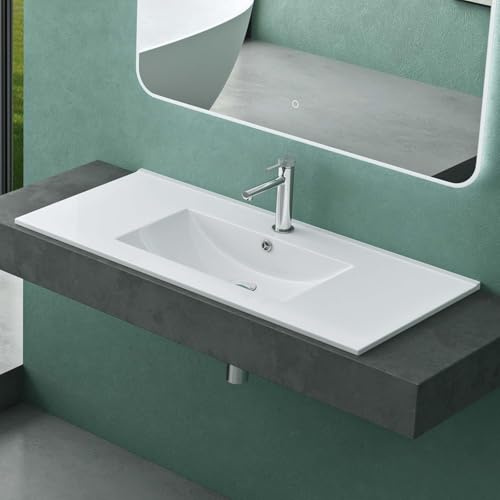 Mai & Mai Lavabo Empotrado de Baño Rectangular de Cerámica, 100x47x18 cm, Blanco Brillante, con Desbordamiento y Orificio para Grifo Brüssel912