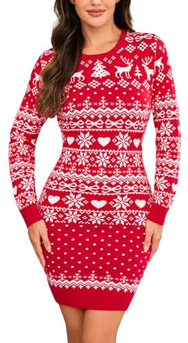 Wayleb Vestito Natale Donna Maglia Girocollo Manica Lunga Slim Fit Pullover Abito Invernale Festivo, Rosso M
