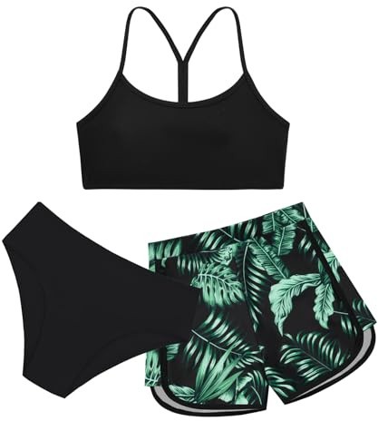 Miyanuby Girls 3 Piece Swimsuit Bathing Suits Solid Bikini Set with Printed Sports Shorts Swimwear for 9-16Y Teen Girls