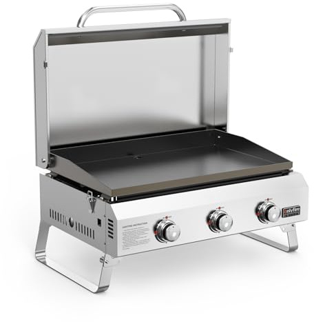 onlyfire Plancha à Gaz Extérieure en Inox avec Couvercle, 3 Brûleurs 7 kW