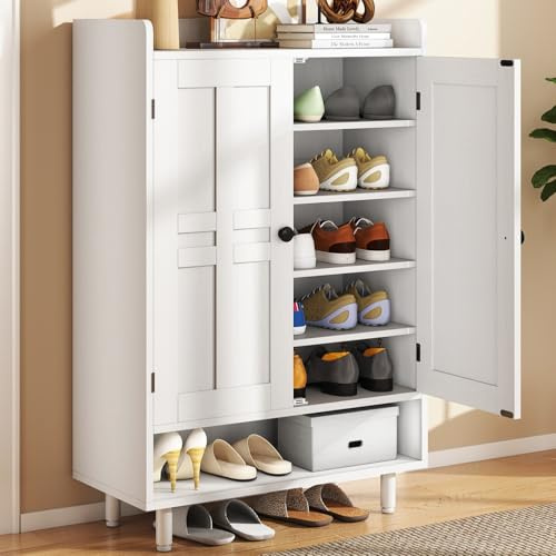 Hawthyhome Weiß Schuhschrank Holz mit Türen, Shoe Cabinet für mehrere Familienmitglieder, 7+1 Ebenen Flurschrank mit großem Fassungsvermögen, Schuhkommode für Wohnzimmer, 75 × 35 × 115 cm