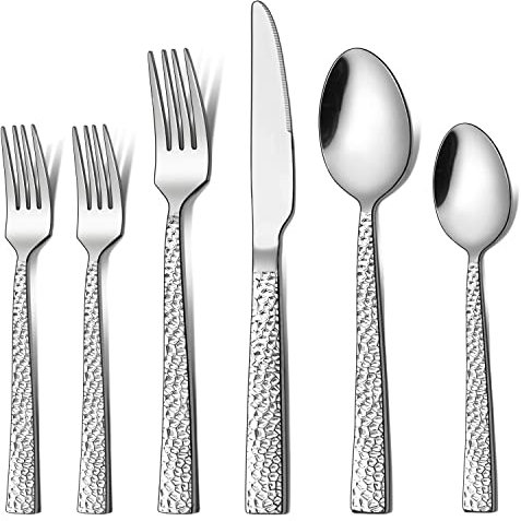 LIANYU Besteck-Set für 8 Personen, gehämmertes Besteck-Set für 8 Personen, 48-teiliges Besteck-Set plus extra Gabeln, Edelstahl, gehämmert, quadratisch, Besteck-Set für 8 Personen, ausgefallene