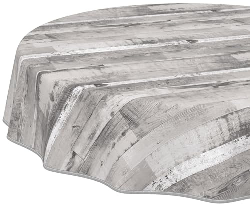 ANRO Runde Tischdecke mit Einfassung – Holzoptik Grau Weiß – modernes Wachstuch abwaschbar – pflegeleicht & wasserabweisend 140 cm (Rund)