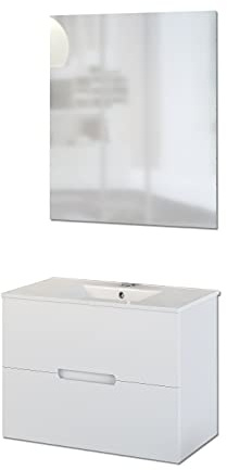 Baikal Conjunto de Muebles de Baño con Lavabo y Espejo, Suspendido a la Pared, Dos Cajones, Blanco Mate, 70 X 55 X 46 cm