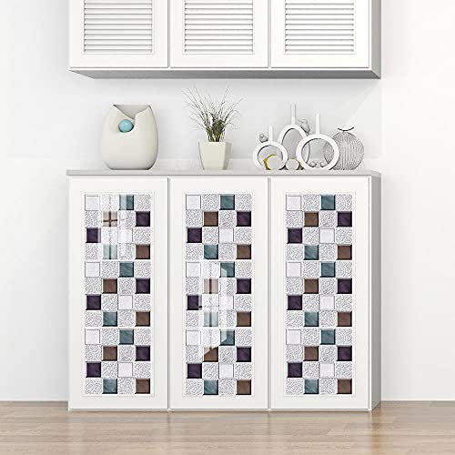 Stick on Tiles Silver Green Plaid Tile Stickers PVC Self Adhesive Wall Tiles Heat Resistant Tile Stickers for Kitchen Bathroom Waterproof Peel and Stick Floor Tiles Tile Paint 15x15cm