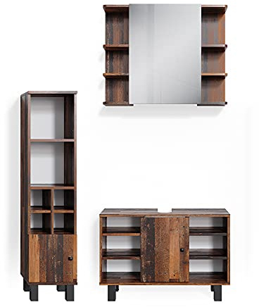 Vicco Badmöbel-Set Fynn, Eiche rustikal, 60 cm, besteht aus Waschbeckenunterschrank, Spiegelschrank und Hochschrank