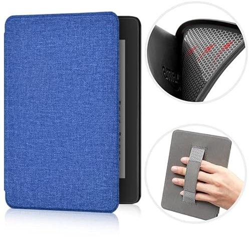 ERUNTO Hülle für 6,8-Zoll-Kindle Paperwhite and Paperwhite Signature Edition, mit Stoffstruktur und Handschlaufe auf der Rückseite, magnetische Hülle mit intelligenter Weck-/Schlaffunktion(Blau)