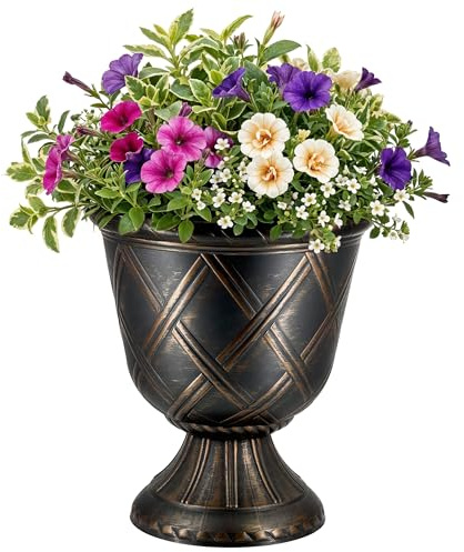 SG TRADERS Large Urn Plant Pot Stand, Flower Pots Outdoor Garden Planters, Indoor Plant Pot, Tall Planter with Drainage Holes, Strong Plastic Patio Home Plants, Black with Copper Planters, D43 x H49cm
