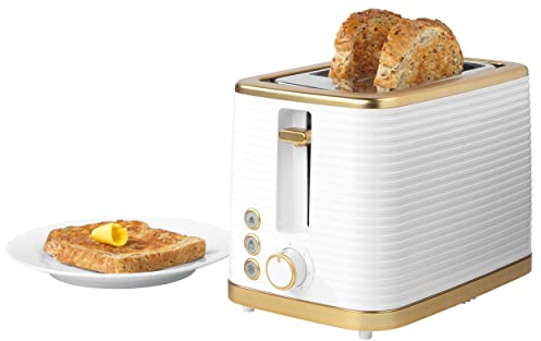 Salter Palermo 2-Slice Toaster - Defrost, Reheat & Cancel Functions, Wide Toasting Slots For Thicker Bread, Bagels, 7 Levels Of Browning, Removable Crumb Tray, Indicator Lights, 930W, White & Gold