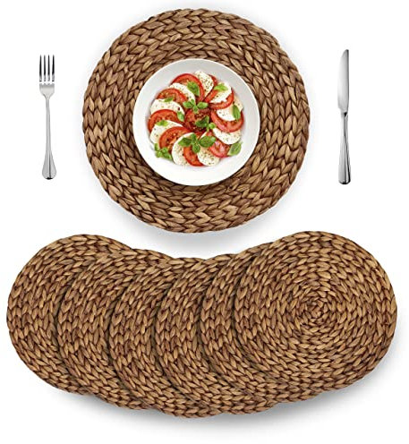 BARIEN - Set di 6 tovagliette rotonde in tessuto di giacinto d'acqua naturale per tavolo da pranzo, 4 misure: 30,5-33 - 35,6-38,1 cm, colore: marrone