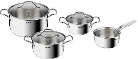 Tefal Intuition 4-teiliges Kochset, Stielkasserolle 16 cm, Kochtöpfe 16/20/24 cm, 5 Jahre Garantie, Premium Edelstahl 18/10, Maßteilung, Glasdeckel, Induktionsgeeignet, Kochen, Schmoren B864S734