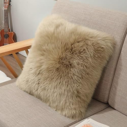LLB Luxury Genuine Sheepskin Throw Pillow Covers Soft Fluffy Solid Decorative Square Couch Pillow Covers 18x18 Pillowcase Cushion Case for Sofa Bedroom Car Bed, No Pillow Insert Long Wool Tan