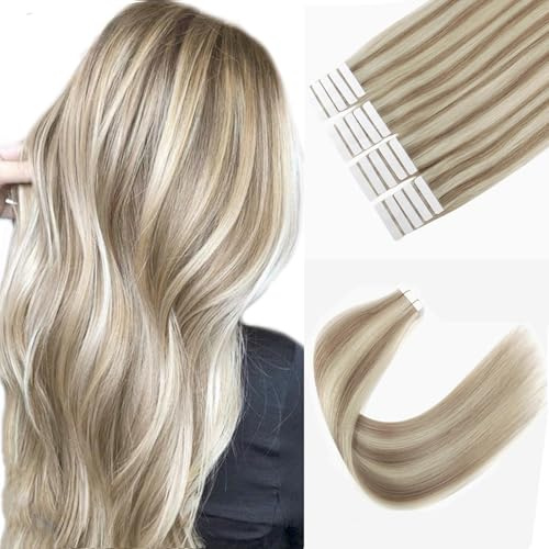 Sixstarhair Tape In Hair Extensions 20 Pieces 100% Remy Human Hair Highlight Hair Extensions Color Swedish Blonde and Ash Blonde Piano Color For Beautiful Girl 50g/20 Pieces Pack [Color 20/60# 16inch]