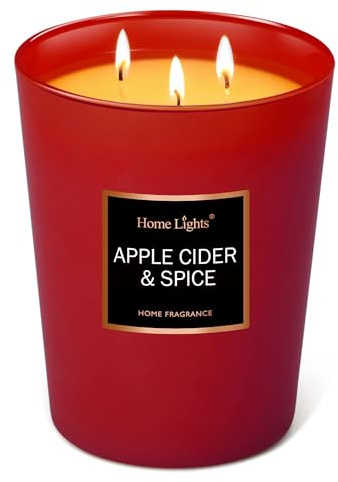 HomeLights Duftkerzen, 944 g, großes Glas, natürliche Soja-Kerzen, 3 Baumwolldochte, rauchfrei, langlebig, 130 Stunden, Aromatherapie-Kerze, Geschenk für Frauen & Männer, Apfelwein & Gewürz