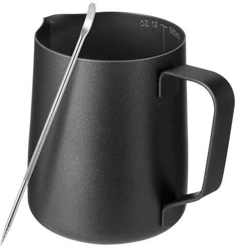 Milk Jug with Latte Decorating Art Pen,Black Teflon Coating 350ml/12oz 304 Stainless Steel Milk Frother Pitcher Cup,Metal Barista Accessories for Coffee Machine