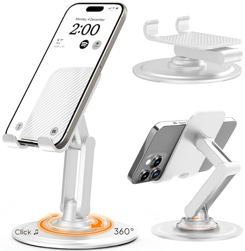 COOPER 360° Stand - Soporte Movil para Mesa Ajustable | Rotación de 360° con Clic, Múltiples Ángulos, Base Metálica No Deslizante, Plegable y Portátil | Soporte Movil Cama, Soporte iPhone (Blanco)
