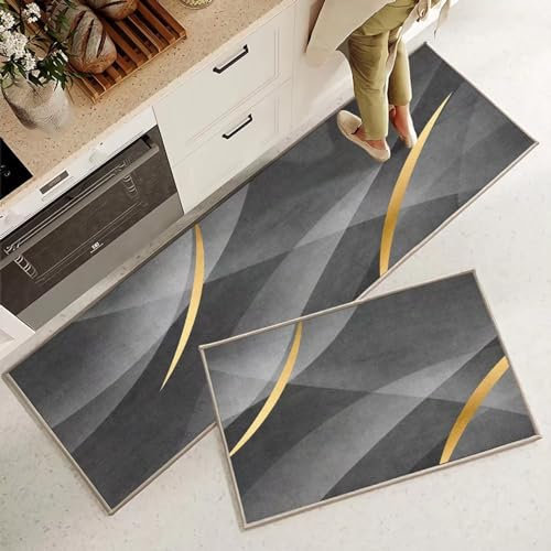 2Pcs Anti-Ermüdungs-Küchenmatten-Set,Abstrakte Gekrümmte Linien Schöne Kunst,Komfort-Küchenbodenmatte Läuferteppiche Waschbare Stehmatten Für Büro,Zuhause,Innen,Außen,Bild,50X80+50X160Cm