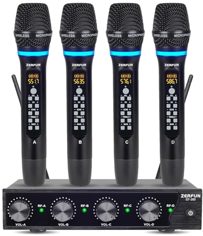 ZERFUN Rechargeable Wireless Microphone System Pro 4 Channel, UHF Handheld Wireless Mics Cordless Microphones with Echo Treble BASS VOL Channel Control for Karaoke Singing Church(GT-200)