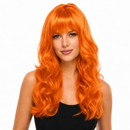 Hatstar Sexy Damen Langhaar Perücke | Frauen Wig lockig - gewellt | Accessoire für Fasching, Karneval und Motto Party (orange)