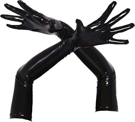 CHICTRY Women's Long Gloves Shiny Wet Look Latex Rubber Finger Gloves Cosplay Costume Clubwear 3# Black B L