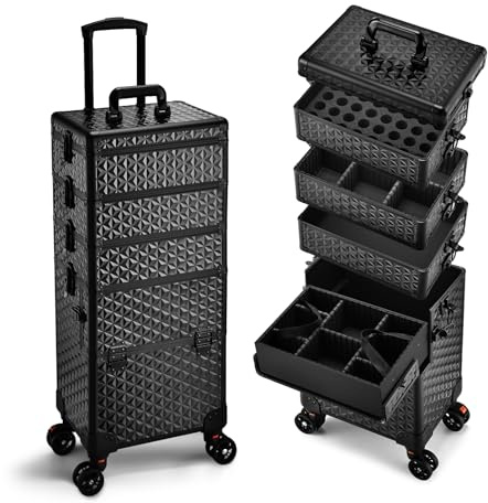 Beauty Trolley on Wheels 5 in 1 Vanity Case Makeup Trolley Box Makeup Case | 5 Tiers Hairdressing Trolley On Wheels Salon Nail Polish Organiser Lockable, Diamond Black