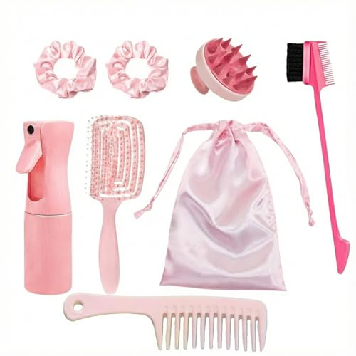 7pcs Hair Essentials Set: Spray Bottle, Detangling Brush, Scalp Massager, Brow & Lash Grooming Tool, Styling Comb, and Fabric Hair Tie - For All Ages and Relaxation at Home