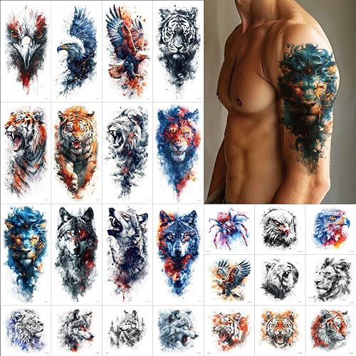 Everjoy 25 Blatt Tough Beast temporäre Tattoo-Aufkleber, 12 Blatt große Arm-Aquarell-Tiere, gefälschte Tattoos, 13 Stück kleine Tier-Tattoo-Aufkleber für Männer und Frauen