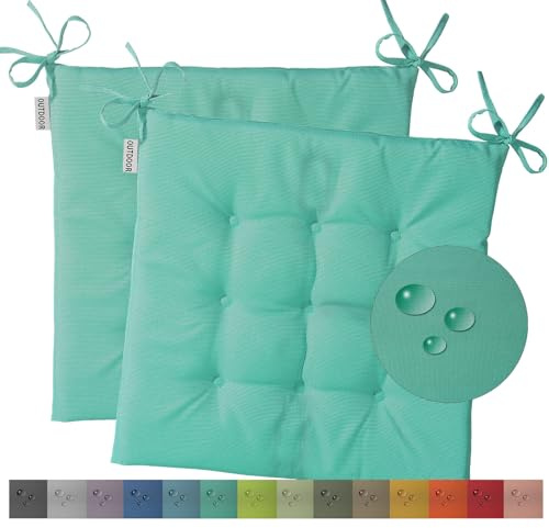 heimtexland 2er Set Outdoor Stuhlkissen Garten Sitzkissen Typ551 Türkis | wetterfest schmutz- und wasserabweisend 40x40 Gartenkissen gesteppt Gartenstuhl-Auflage Polster Outdoorkissen