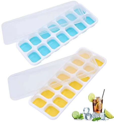 Ice Cube Tray with Lid, 2 Pack Ice Cube Trays, Stackable Flexible Silicone Ice Trays, Reusable Ice Cube Moulds Save Freezer Space, Ice Cubes for Beer and Drinks, Whisky, Cocktails, Blue&Yellow