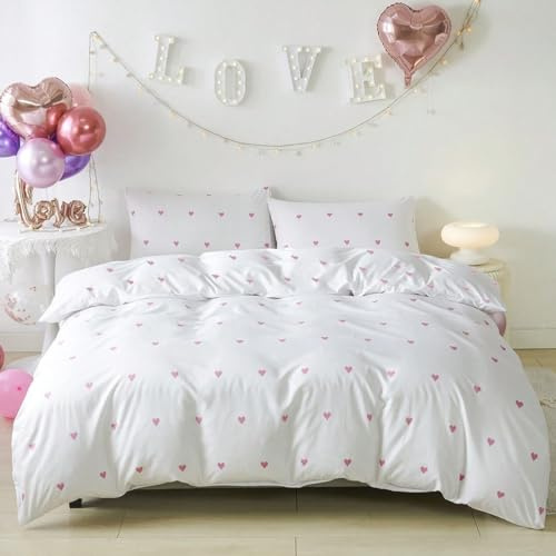 Nyescasa Bettwäsche 220x240 Weiß mit Herzen Rosa Herz Bettbezug Weich Mikrofaser Mädchen Herzmuster Bettwäsche Set mit Reißverschluss und 2 Kissenbezug 80x80cm