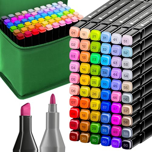 Artistro 60 Dual-Tip Alkoholmarker – Alkoholbasierte Stifte-Set, Meißel- + Feine Spitze, Schnell trocknend, Inklusive Tragetasche