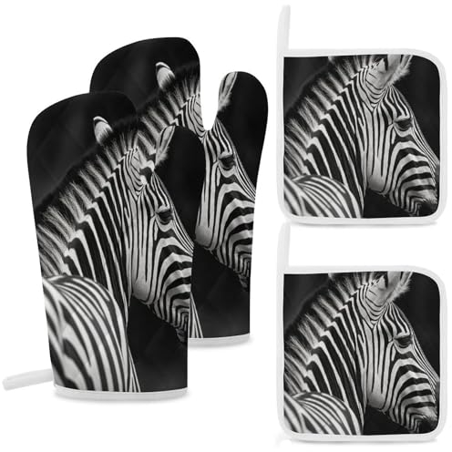 Ofenhandschuhe und Topflappen, 4-teiliges Set, Küchenhandschuhe, hitzebeständig, Hot Pads, Schwarz und Weiß, Zebramuster, dicke Ofenhandschuhe, rutschfeste Topflappen, extra lange Kochhandschuhe zum