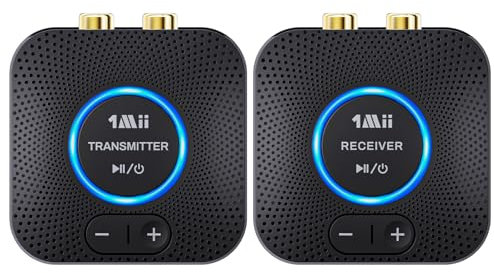 1Mii Drahtlos Audio Sender Empfänger für TV, 2,4GHz Long Range Wireless Audio Transmitter Receiver Set für Fernsehen/PC to Home Stereo/Active Speakers/Amplifier, Low Latency 3.5mm/RCA Audio Adapter