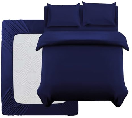 Oxford Homeware Double Duvet Set Navy Brushed Microfiber 4 Piece Double Bedding Set with Fitted Sheet and Pillowcases Soft Breathable Duvet Cover Sets
